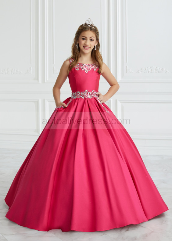 Hot Pink Beaded Satin Keyhole Back Flower Girl Dress